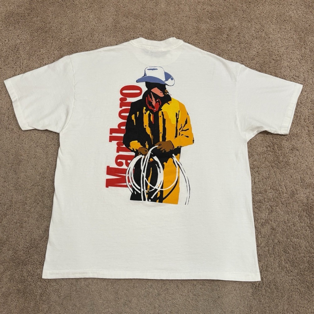 Vintage 1990s Marlboro Man Cowboy T-Shirt Mens XL White Cigarette Retro Western